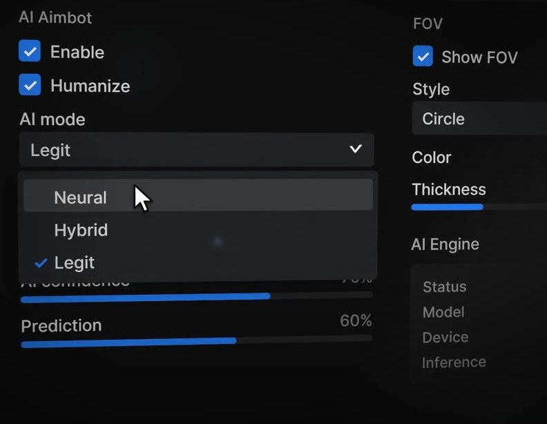 AI mode dropdown with Neural, Hybrid and Legit