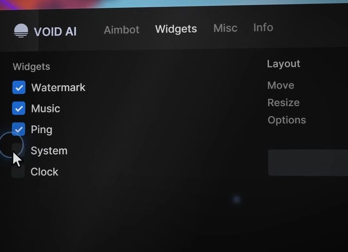 Widgets tab with watermark, music and ping enabled